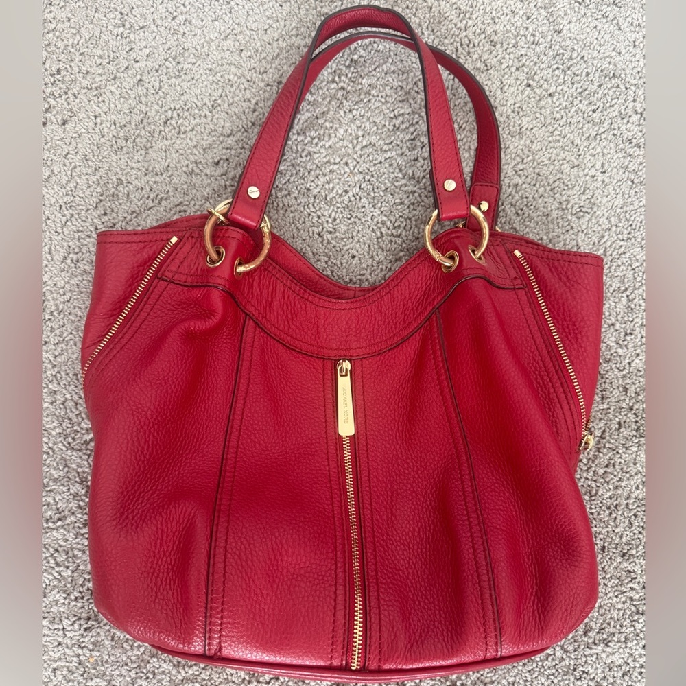 Michael Kors Red Leather Tote Bag Gold Hardware Zip Accents Shoulder Bag